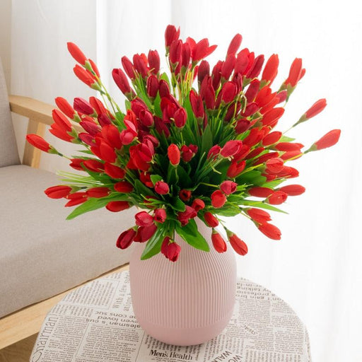 Vibrant Red Mini Tulip Silk Flowers - 21 Bulbs | Artificial Bouquet with Efficient Processing