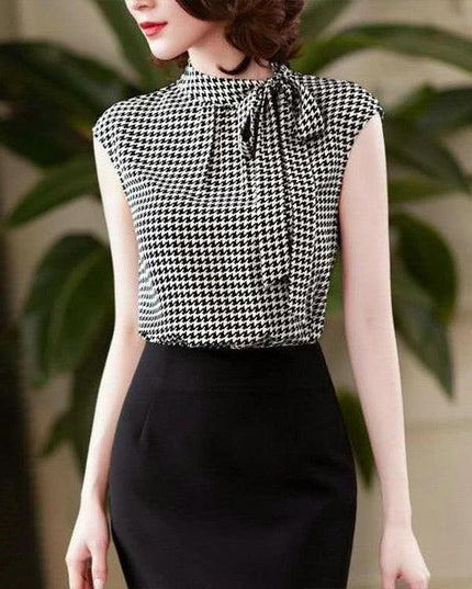 Elegant Bow-Accent Vintage Plaid Chiffon Blouse