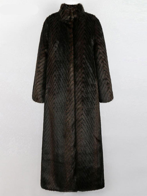 Winter Extra Long Thick Warm Luxury Botanica Elegant Striped Faux Mink Fur Coat