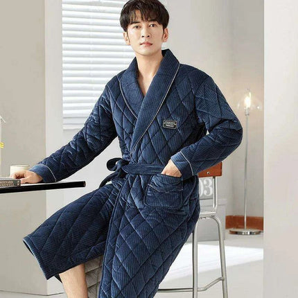 Luxurious Men's Triple-Layer Velvet Quilted Robe - Ultimate Warmth and Elegance