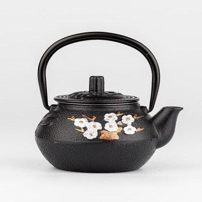 Elegant Japanese Cast Iron Tea Kettle Set with Plum and Bamboo Design - Complete Tea Serving Collection