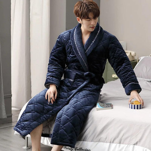 Winter Men's Quilted Flannel Robe - Home Dressing Gown in Blue