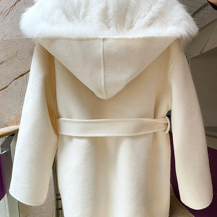 Elegant Hooded Wool and Cashmere Coat with Fox Fur Trim for Stylish Women
