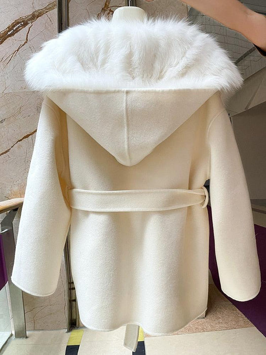 Elegant Women's Hooded Wool and Cashmere Coat with Luxurious Fox Fur