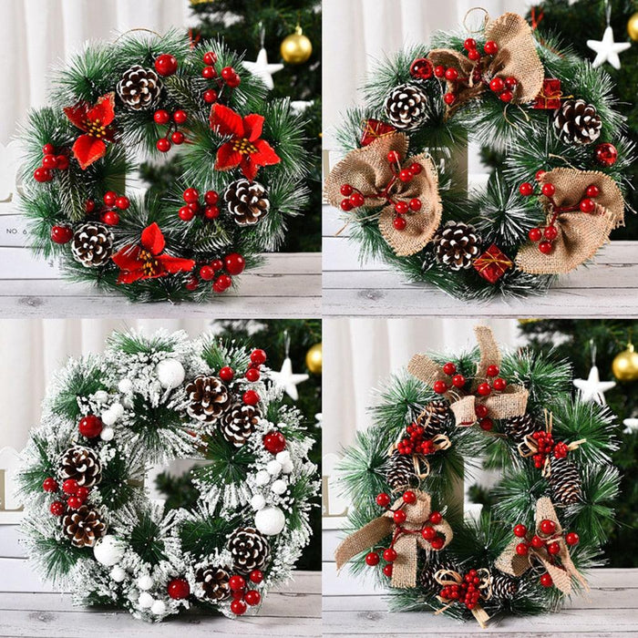Festive Pinecone and Red Berry Christmas Wreath Set with Hanging Ornaments for Holiday Decor