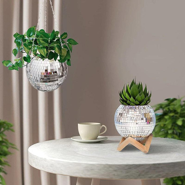 Disco Ball Mirror Hanging Plant Pot - Bohemian Greenery Decoration