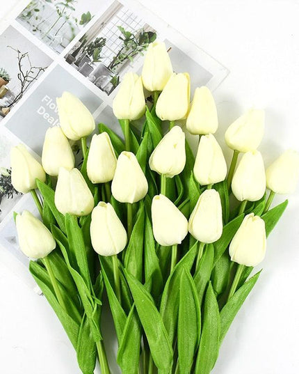 Charming Yellow and White Realistic Tulip Bouquet - Set of 10 Lifeslike Flowers for Any Occasion