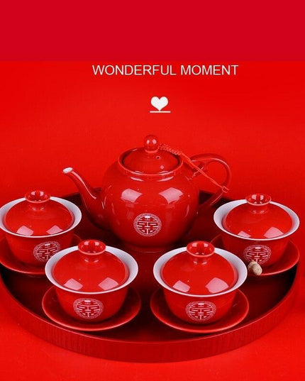 Elegant Red Ceramic Chinese Wedding Tea Ceremony Set - Exquisite Teapot and Teacups for Memorable Celebrations