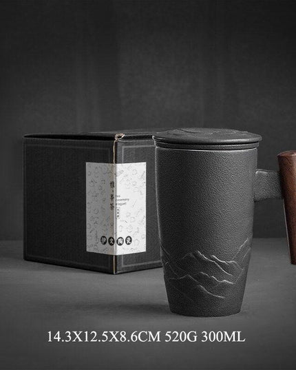 Elegant Zen Ceramic Mug Set with Wooden Handle & Infuser Lid - Ideal for Tea & Coffee Enthusiasts