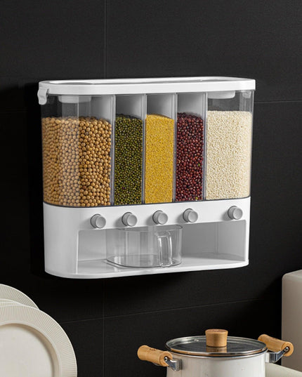 Sleek Wall-Mounted 5-Grid Rice Dispenser - 12L Capacity in Elegant White