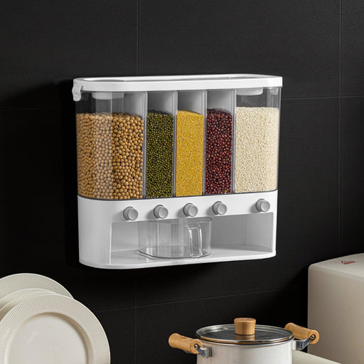 5-Compartment White Wall-Mounted Rice Storage Unit - 12L Holding Capacity