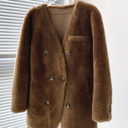 Exclusive Luxe Real Fur Double-Breasted Winter Jacket with V-Neck Elegance