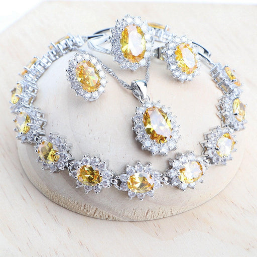 Silver 925 Women Bridal Jewelry Sets Blue Zirconia Costume Fine Jewellery Wedding Necklace Earrings Rings Bracelets Pendant Set-0-Très Elite-4PCS-Yellow-6-Très Elite