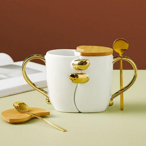 Romantic Embrace Ceramic Coffee Mug Set with Spoon and Cover for Couples