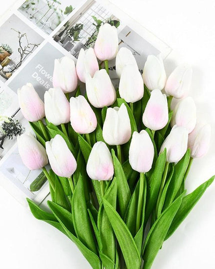 Charming Yellow and White Realistic Tulip Bouquet - Set of 10 Lifeslike Flowers for Any Occasion