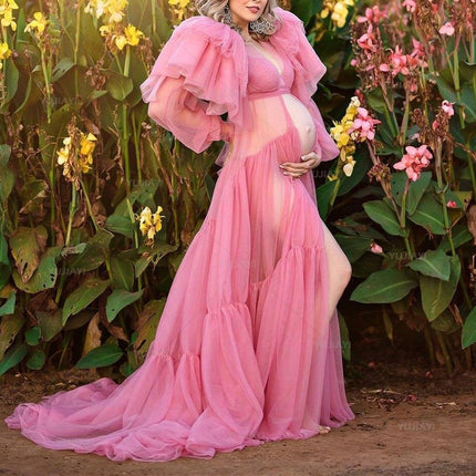 Chic Pink Maternity Robe with Elegant Ruffles and Tulle Accents