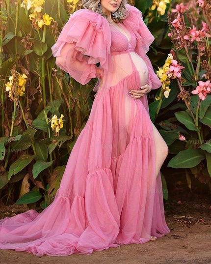 Chic Pink Maternity Robe with Elegant Ruffles and Tulle Accents