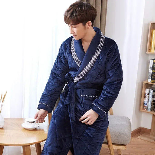 Warm and Cozy Men's Quilted Bathrobe - Stylish Homewear for Winter Comfort