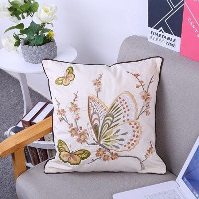 Chic European Garden Floral Embroidered Cotton Cushion Cover - Classic Home Decor Accent