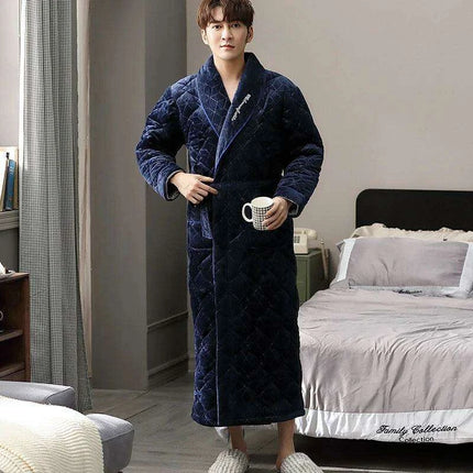 Men's Elegant Blue Quilted Flannel Robe - Luxurious Winter Loungewear