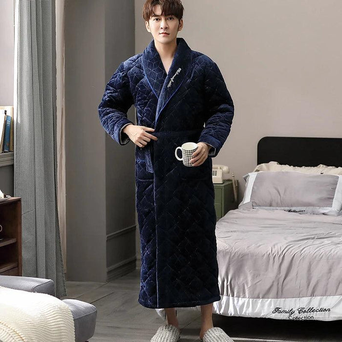 Winter Men's Quilted Flannel Robe - Home Dressing Gown in Blue