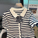 Striped Summer Knit Top with Bowtie Detail - Lightweight Short Sleeve Pullover