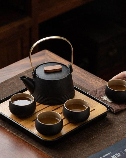 Elegant Japanese Tea Travel Set: Black Pottery Teaware with Convenient Carry Bag