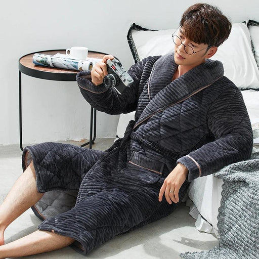 Winter Men's Quilted Flannel Robe - Home Dressing Gown in Blue