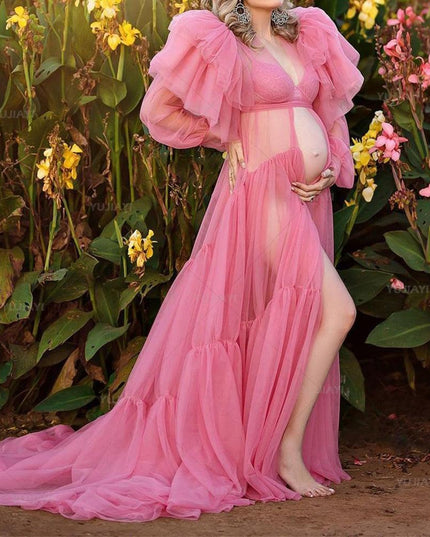 Chic Pink Maternity Robe with Elegant Ruffles and Tulle Accents