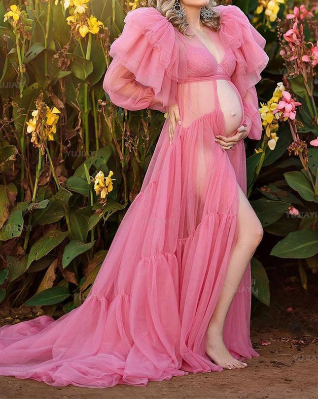 Chic Pink Maternity Robe with Elegant Ruffles and Tulle Accents