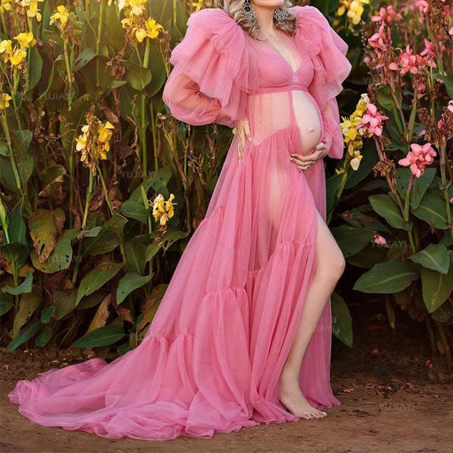 Pink Maternity Robes for Photoshoot Dress Ruffles Tiered