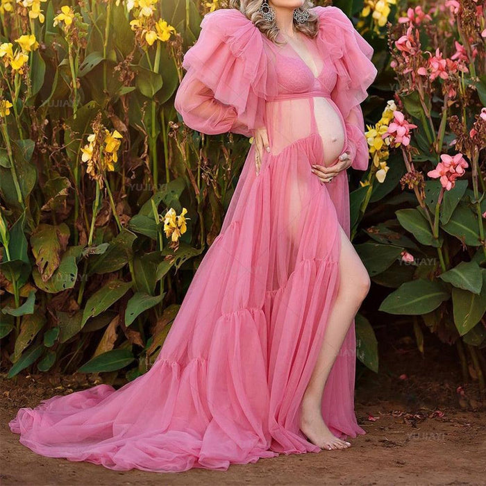 Pink Maternity Robes for Photoshoot Dress Ruffles Tiered Skirts Bathrobe Puffy Fluffy Tulle Long Women Gown Sleepwear Nightwear