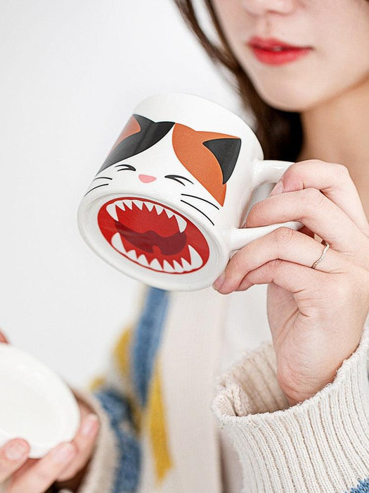 Whimsical Feline Ceramic Mug Set with Spoon and Lid