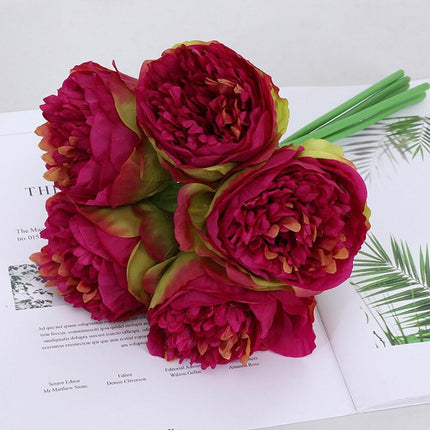 Elegant Silk Peony Floral Bouquet - Set of 5 Lush Artificial Blooms