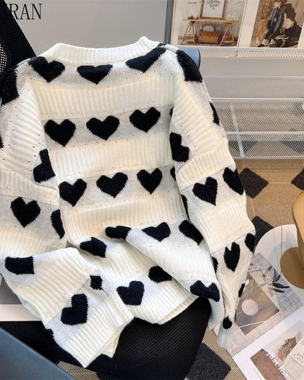 Elegant Heart Jacquard Knit Sweater - Luxury Edition with Ruffled Accents and Sparkling Details