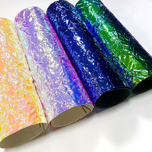 Holographic Metallic Faux Leather Fabric Sheet with Textured Crumpled Design