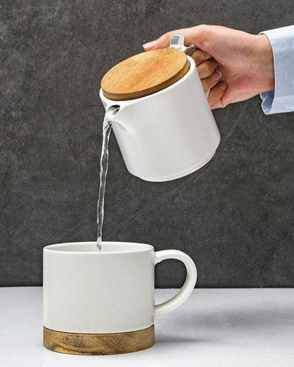 Elegant Nordic-Japanese Ceramic Tea Set with Acacia Wood Lid and Integrated Strainer