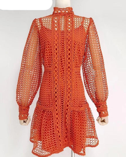 Elegant Lantern Sleeve Vintage Dress with Chic Stand Collar