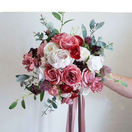 Timeless Elegance Burgundy and Dusty Pink Silk Rose Bridal Bouquet - European Vintage Collection