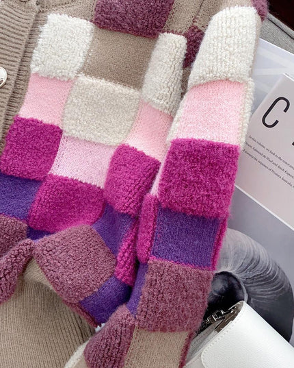 Chic Multicolor Plaid Knit Cardigan with O-neck | Cozy Winter Fashion Sweater