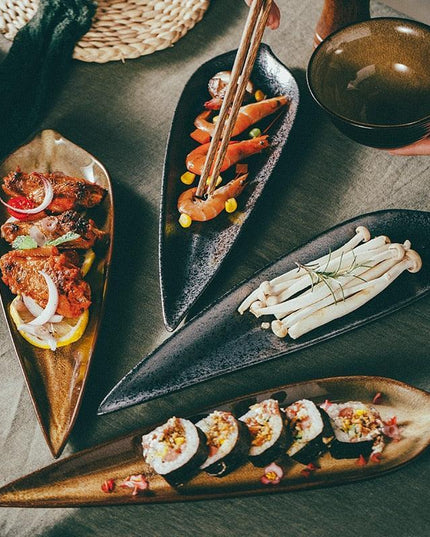 Elegant Japanese Leaf-Design Sushi Plate Collection for Gourmet Dining