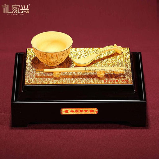 Luxurious Chinese Golden Foil Rice Bowl Set with Customizable Geometric Design
