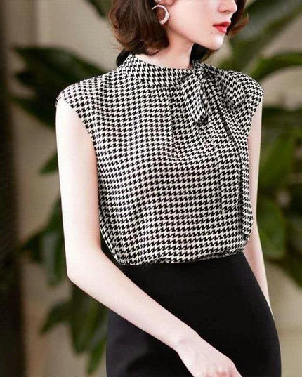 Elegant Bow-Accent Vintage Plaid Chiffon Blouse