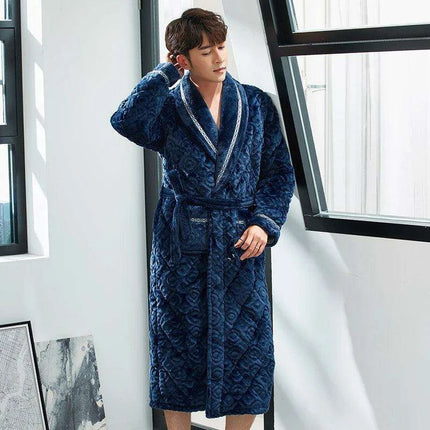 Men's Elegant Blue Quilted Flannel Robe - Luxurious Winter Loungewear