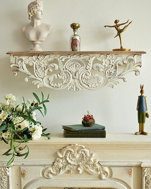 Vintage Elegance Handcrafted White Wooden Wall Shelf: Timeless Charm for Your Home