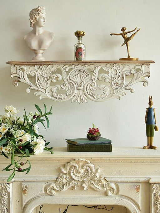 Vintage-Inspired White Wooden Wall Shelf with Hand-Carved Details