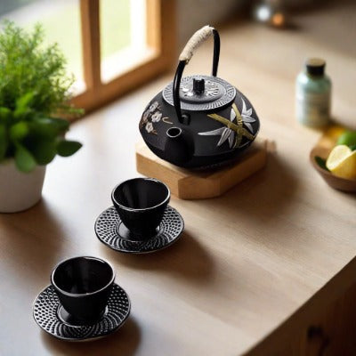 Elegant Japanese Cast Iron Tea Kettle Set with Plum and Bamboo Design - Complete Tea Serving Collection