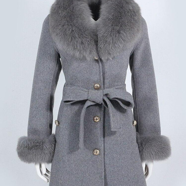 Luxurious Wool-Cashmere Coat with Fox Fur Accents