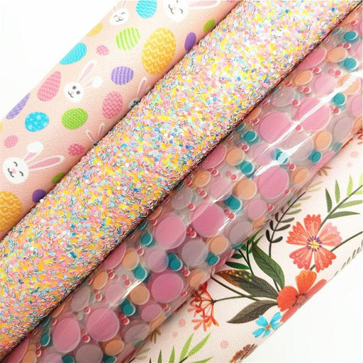 Pastel Spring Faux Leather Crafting Sheets with Floral and Bunny Prints