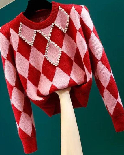 Korean Chic Diamond-Embellished Autumn Sweater